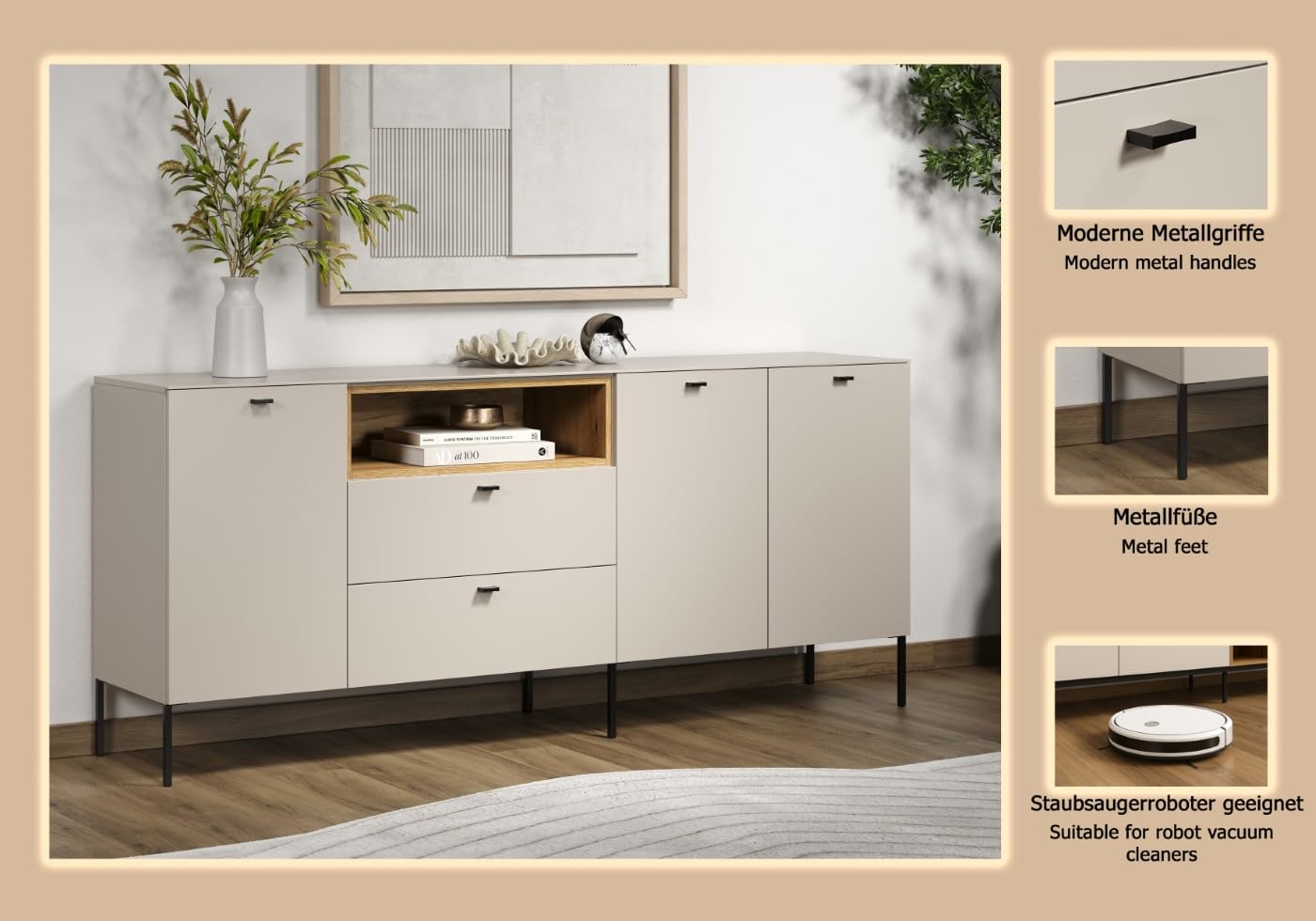 trendteam smart living Sao Paulo Sideboard Kashmir (Beige)/Evoke Eiche Kommode mit Soft-Close Funktion 197 x 85 x 42 cm Schwarze Metallgriffe und -Füße