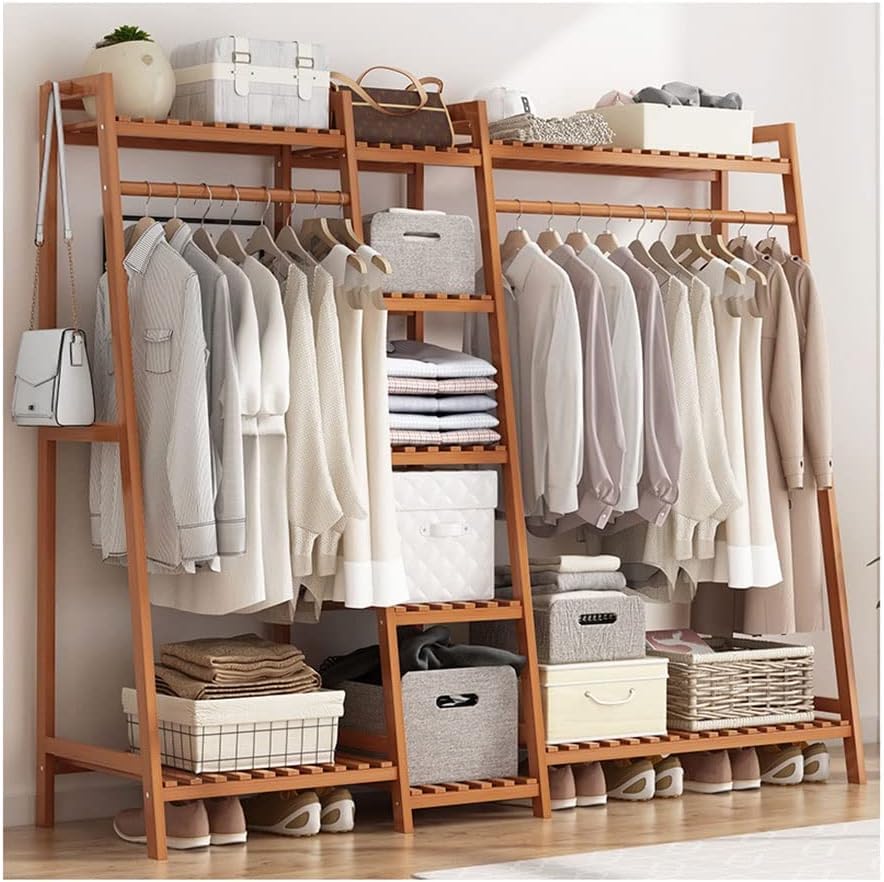Porte-vêtements en bambou marron de 190x40x140cm avec étagères de rangement