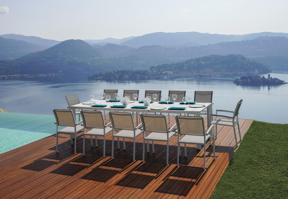 MALIGI Home MG/Iris - Mesa de aluminio, extensible con patas deslizantes, color blanco, 200/300 x 100 cm