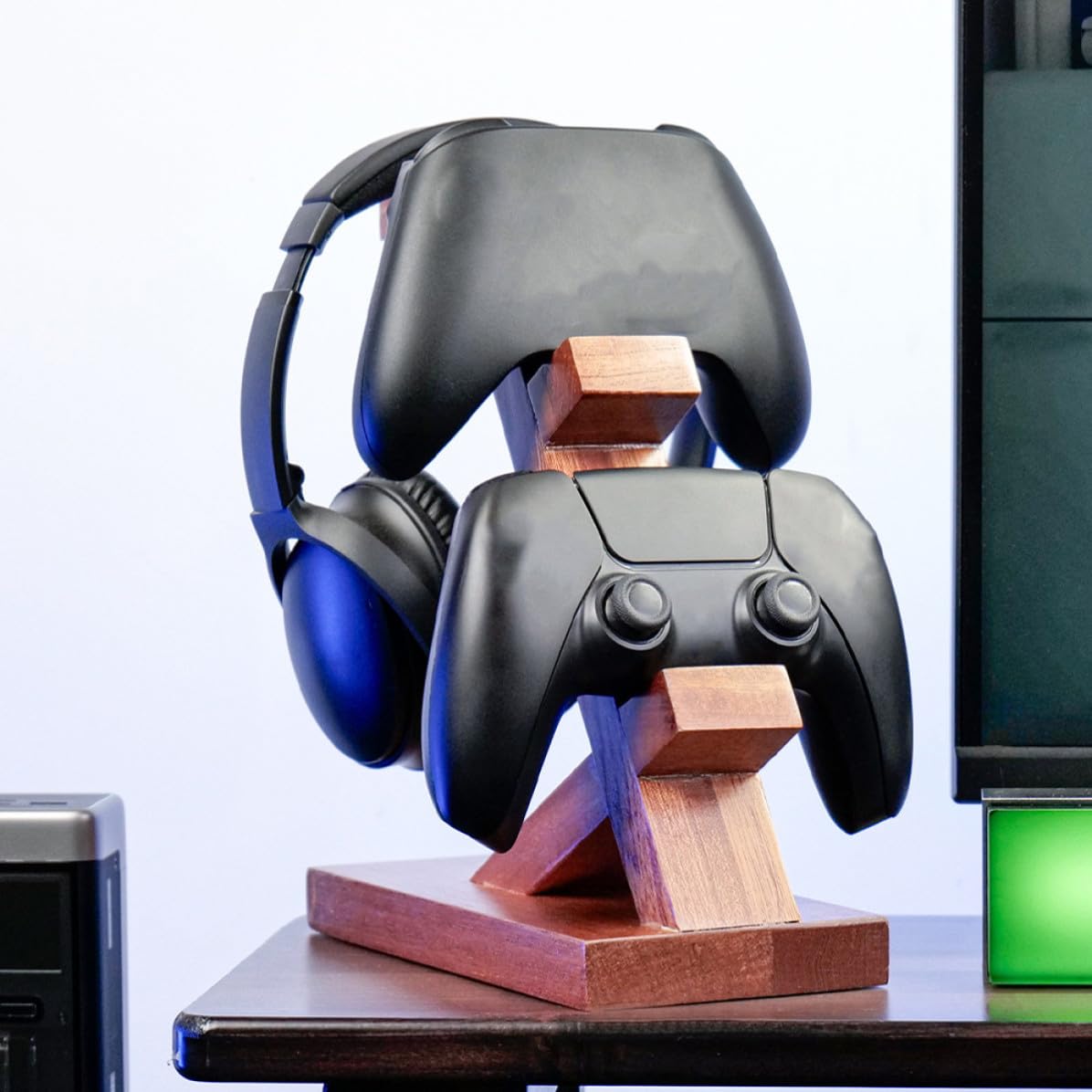 Soporte Barrón para de Controlador Auriculares Juego de Madera Marrón, Portátil Diseño Sencillo para Almacenamiento y Exhibición en Área de Entretenimiento