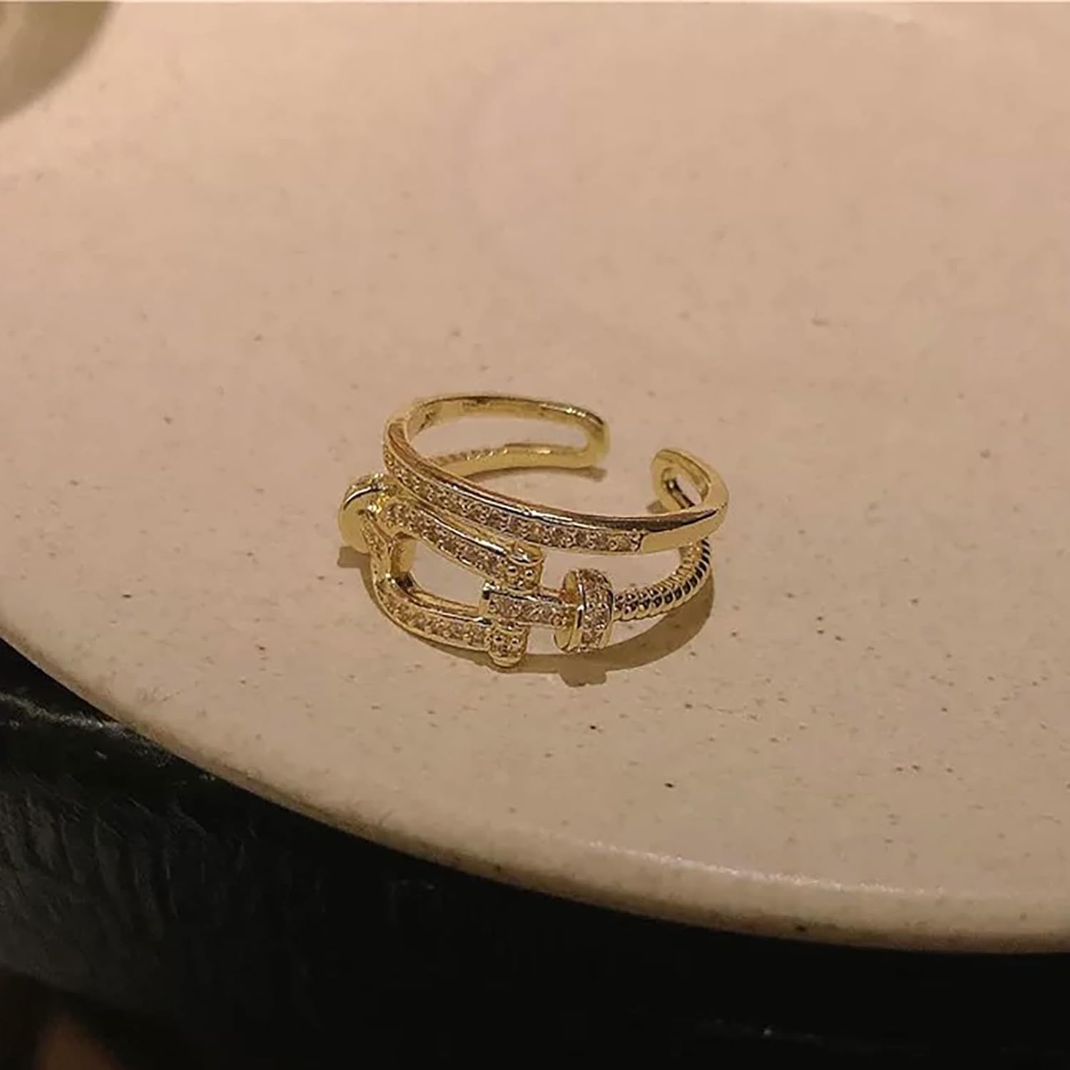 Gold Plated Horseshoe Ring for Women Double Rhinestone Horse Shoe Ring - Image 4