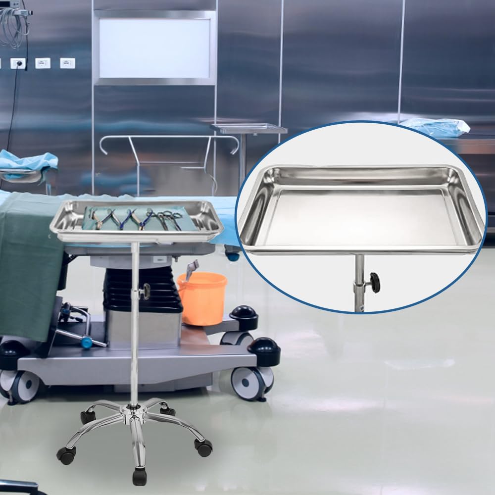 Suporte de instrumentos Mayo, Mesa rodante móvil para suministros de clínicas dentales, veterinarias y de mascotas - Altura ajustable 35 "-51" Carrito de utilidades (C)