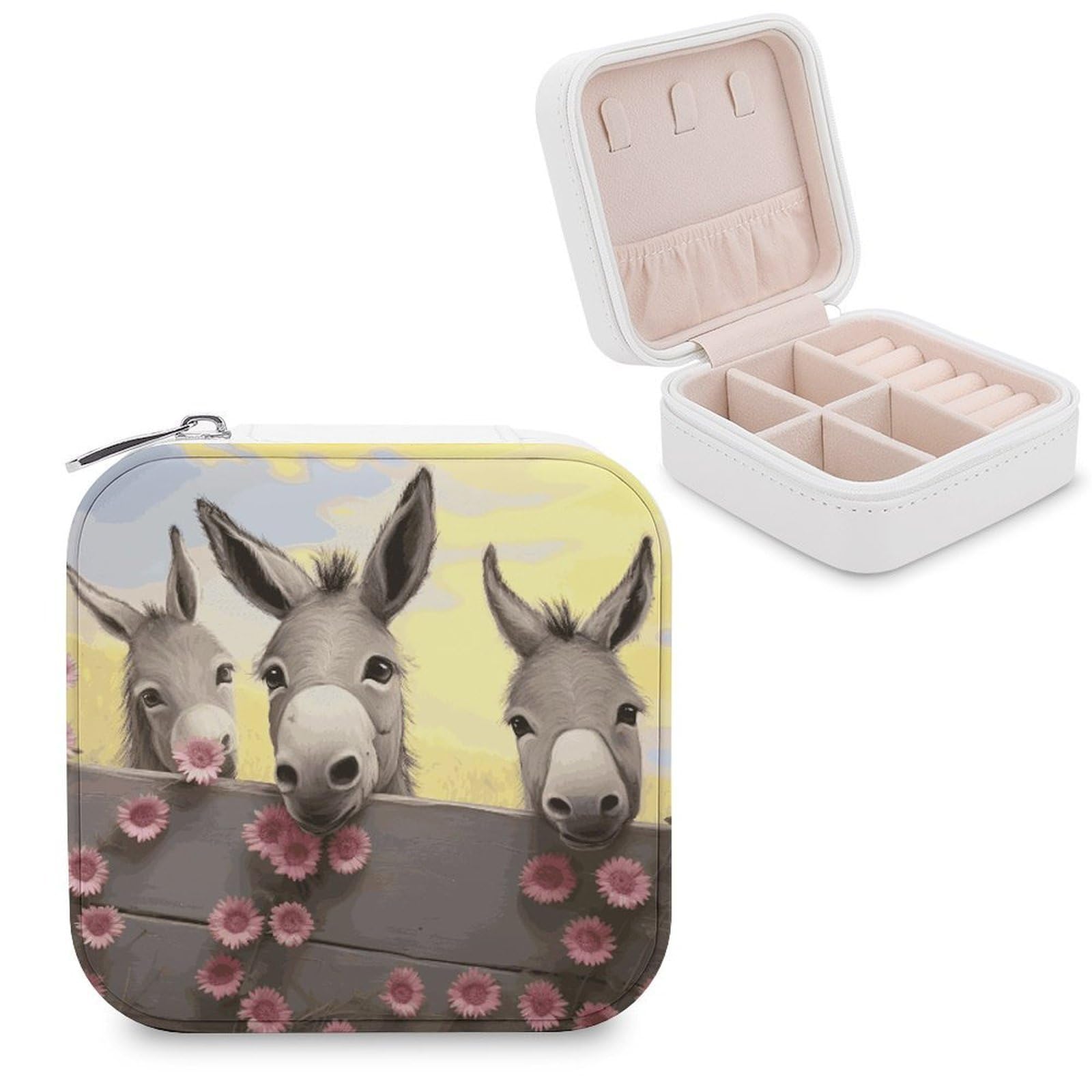 VstaDank Donkey And Flower Jewelry Box for Women Jewelry Organizer Storage Case with Zipper Mini Travel Jewelry Case Cute Trinket Organizer Leather Portable Jewelry Storage Box
