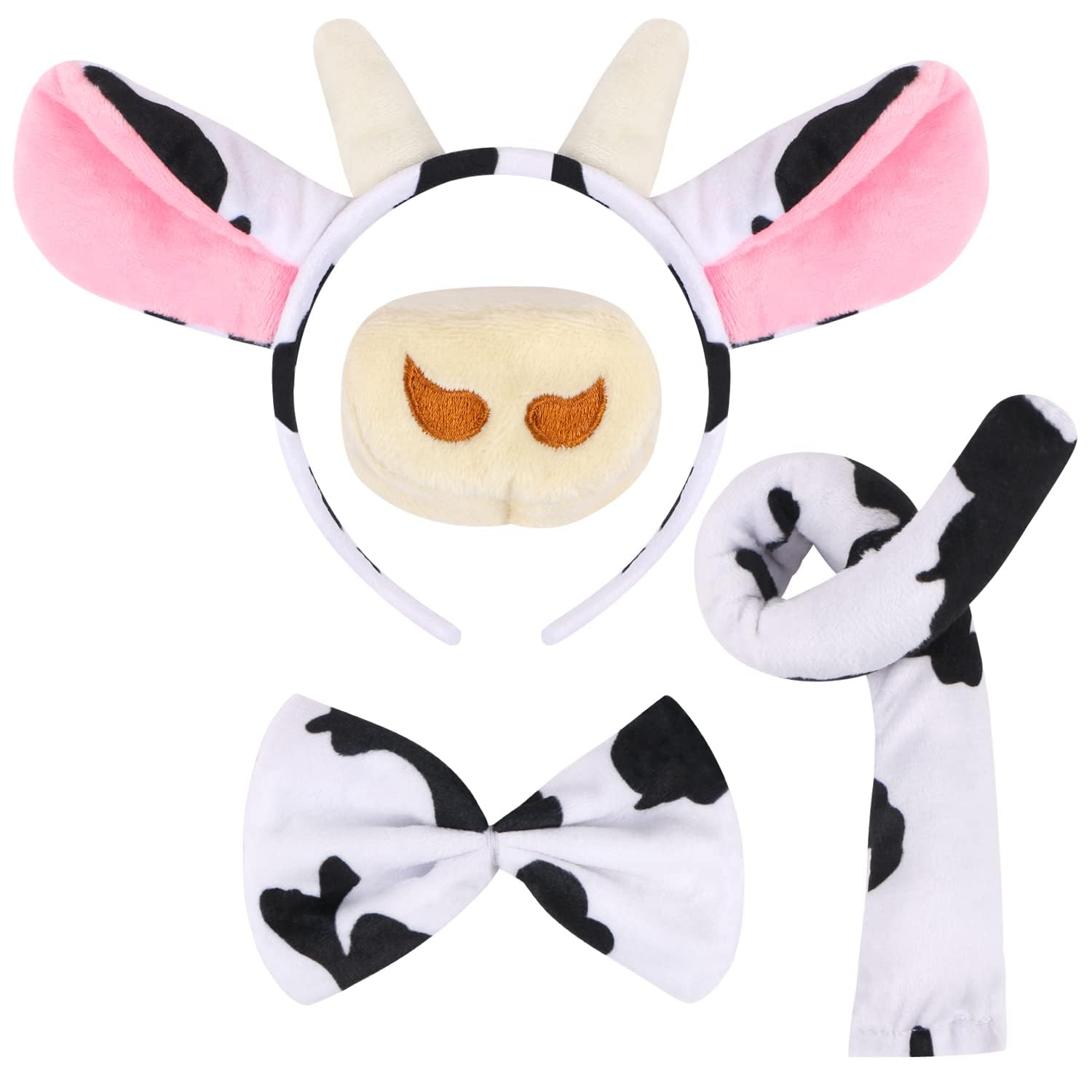 HWZENQZ 4 Pieces Animal Costume, Ears Tail Nose and Bowtie Set,Safari Party Costume Accessories, Fancy Dress Animal Theme Party Supplies for Halloween, World Book Day (Cow)