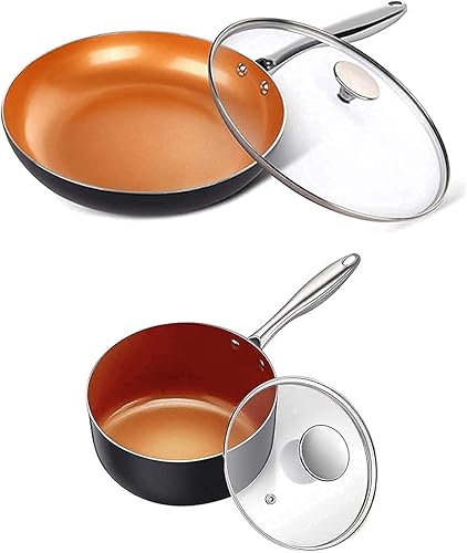 Miniatura 1 de MICHELANGELO Sartén de 12 pulgadas + cacerola de 2 cuartos con tapa, sartén de cobre ultra antiadherente con tapa, cacerola antiadherente de