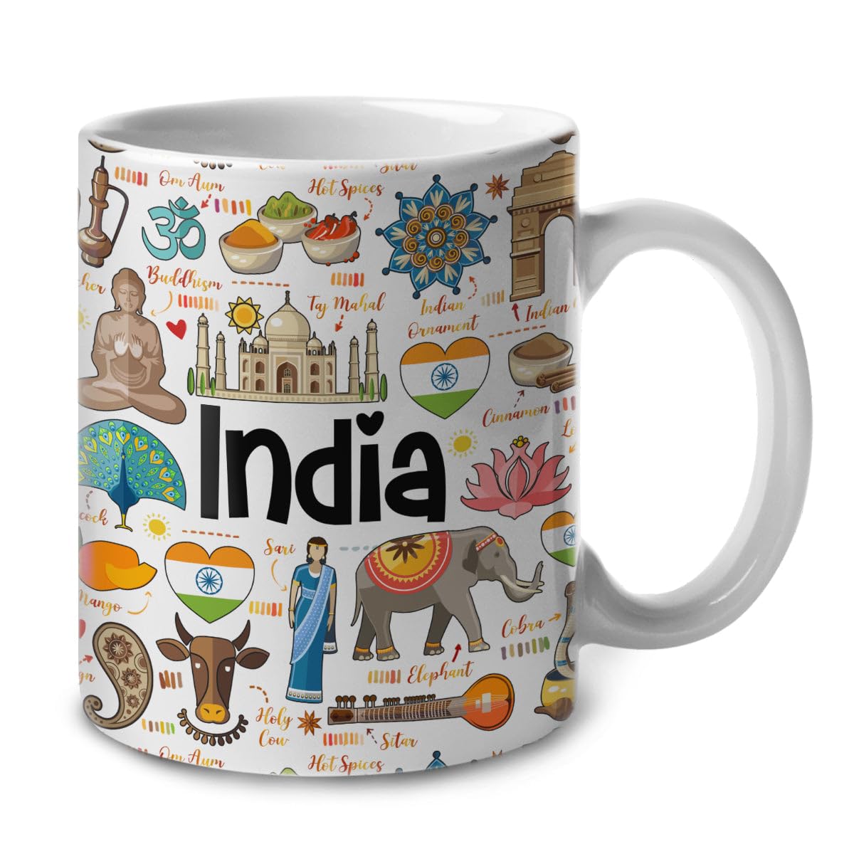 Lotacy India Symbols Colorful Coffee Mug, Ceramic 11 oz, Souvenirs and Gifts, Gift Idea for Indian Men and Women