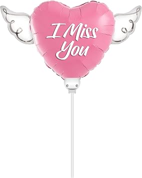 I Miss You Heavenly Balloons Heart Shaped on a Stick with Angel Wings Memorial & Remembrance Pink