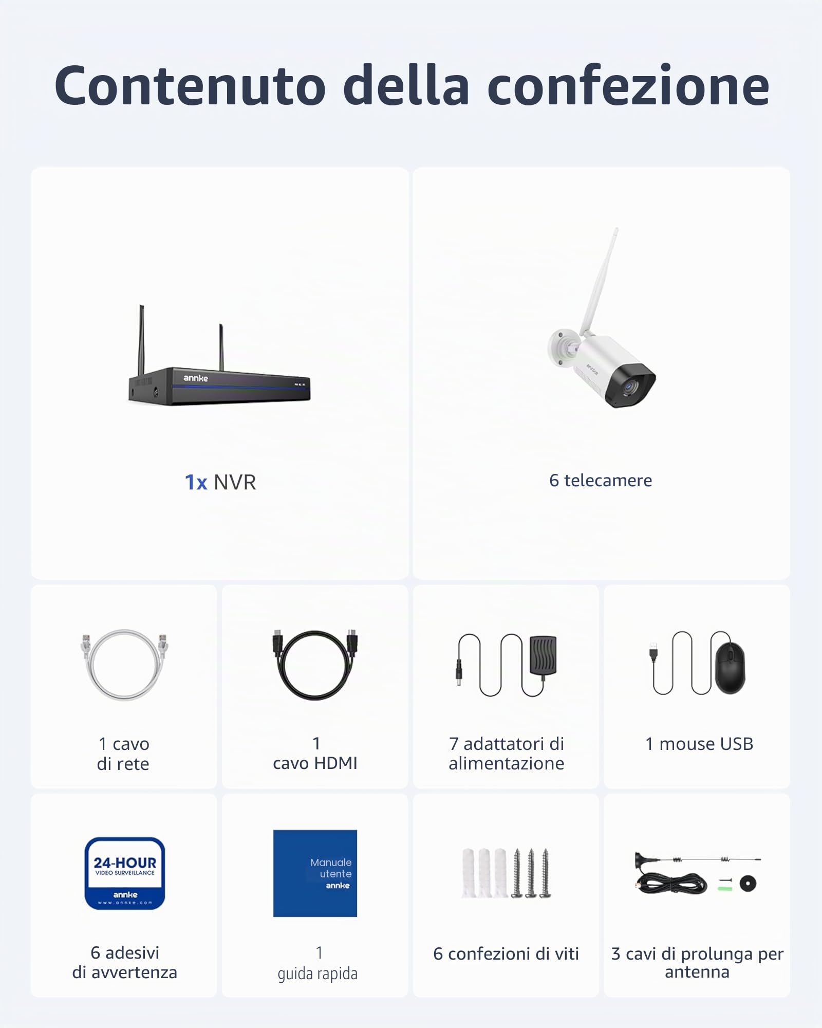 ANNKE Set di telecamere di sorveglianza esterne 3 MP, 6X telecamera IP 3 MP e NVR 4K 16 canali per registrazione 24/7 interna ed esterna, rilevamento intelligente delle persone, audio bidirezionale