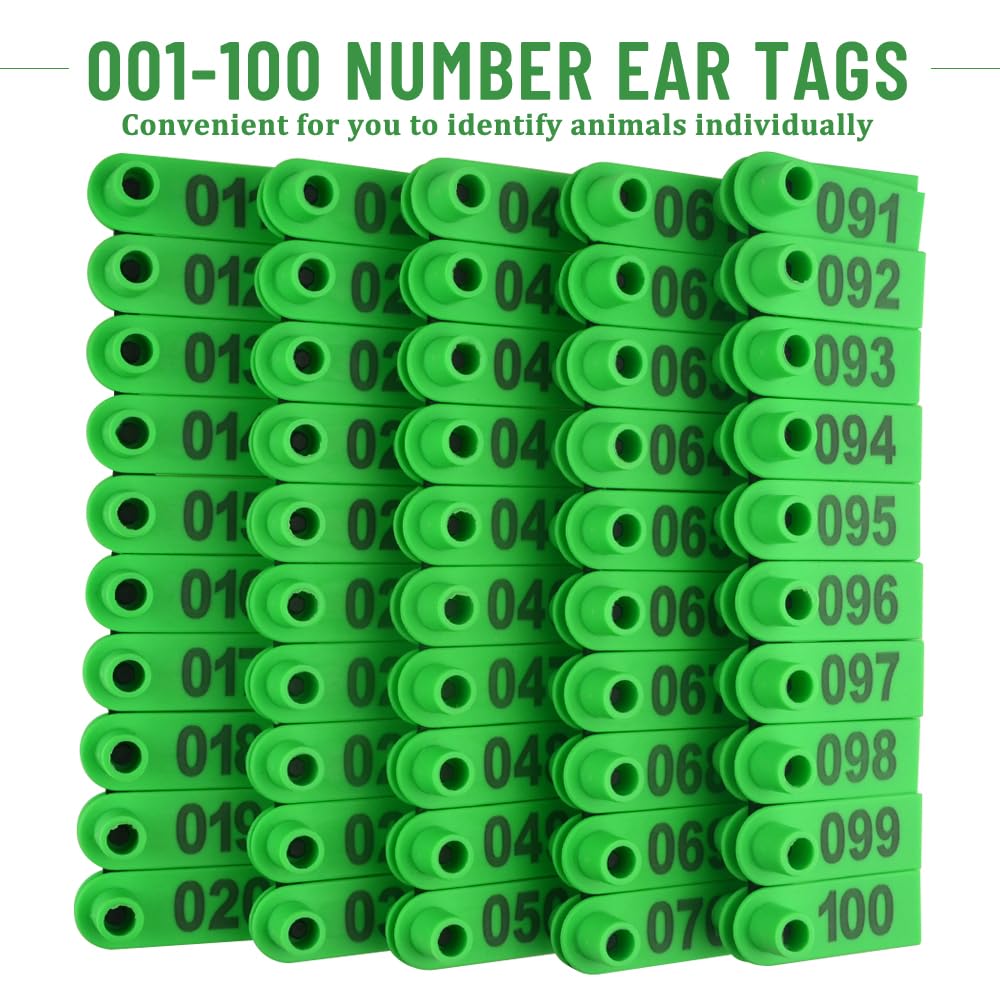 WMYCONGCONG 1-100 numeri di plastica bestiame etichetta per orecchie con etichetta per animali verde e 1 applicatore per etichette auricolari per pecore di capra (verde)