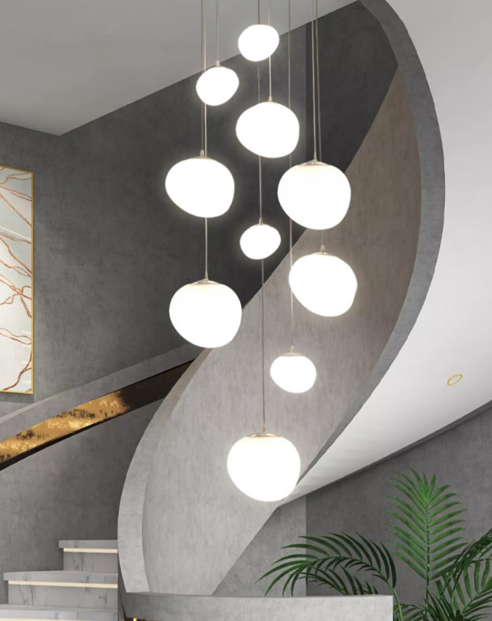 Modern Staircase Chandelier White 10 Lights Mid-Century Frosted Ball Chandelier Globe Cluster Pendant Light Acrylic Cobblestone Shade Long LED Chandelier for High Ceiling Foyer Entryway