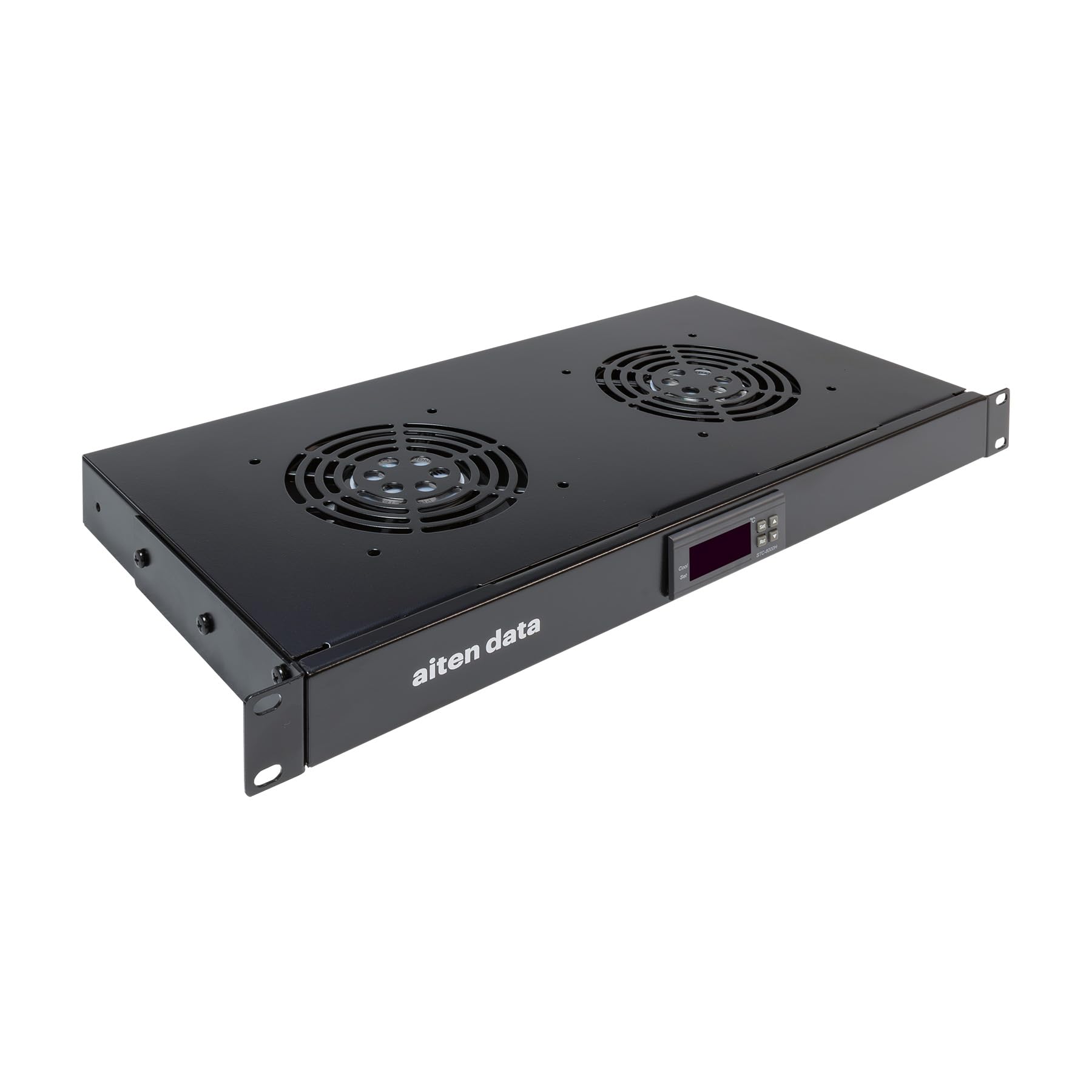 Aiten Data Termostato Digital 2 Ventiladores 1U para Armario Rack - Pantalla Digital Que Facilita el Monitoreo del Ambiente - Interruptor On-Off - Sensores de Temperatura y Dos Ventiladores de 12 cm