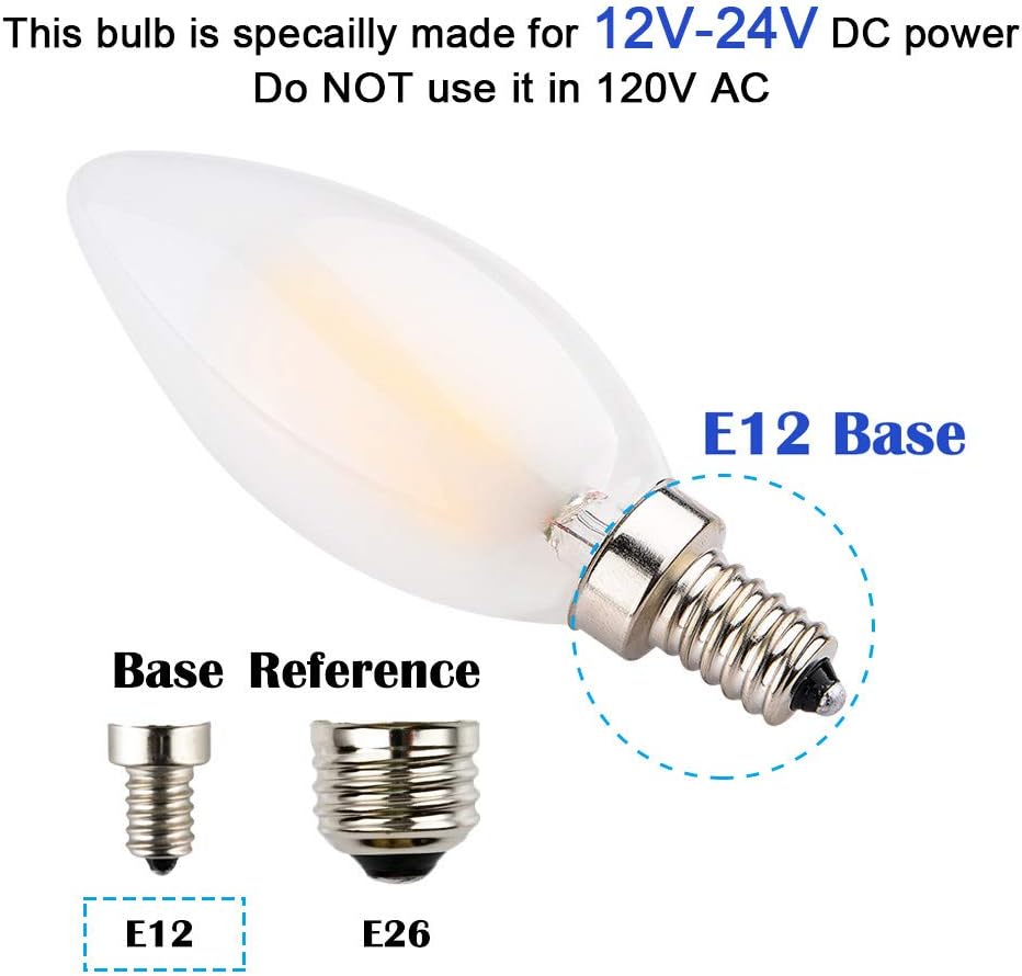 Low Voltage LED Candle Bulb, DC 12V AC 12V Input, 2W 200Lm, Warm White Light, E12 Small Base, Frosted Glass Torpedo Tip, 25W Incandescent Equivalent, 12V-24V DC Power, 3-Pack
