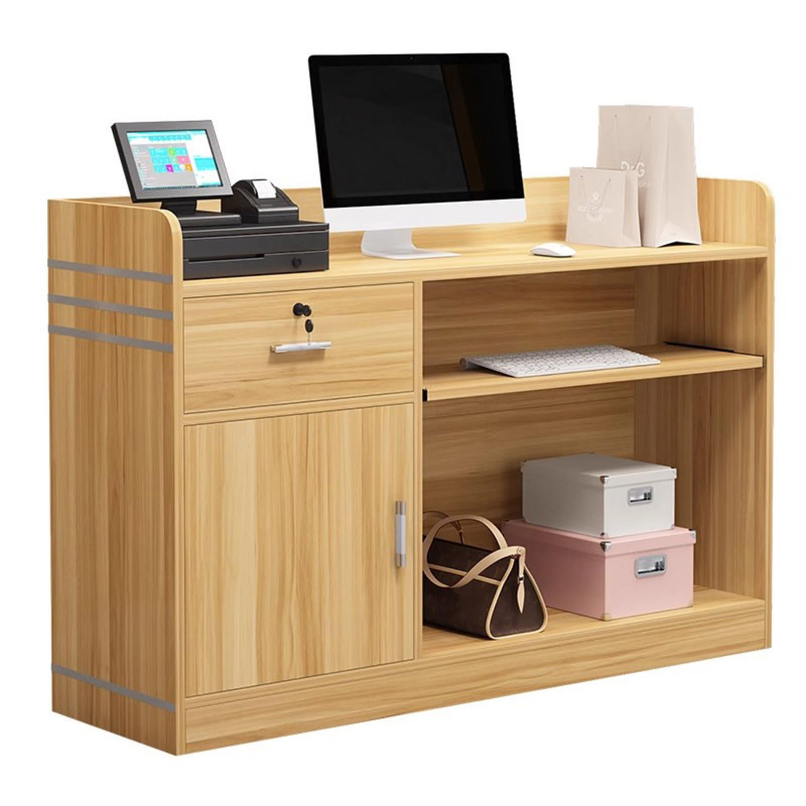 Escritorio de recepción de oficina con cerradura con armario de almacenamiento, bandeja para teclado y diseño moderno para espacios de trabajo profesionales, mostrador de recepción elegante y