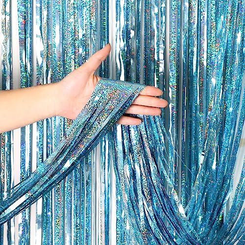 Image of 4Pcs Light Blue Fringe Backdrop 12.8x8.2 Feet Sparkle Metallic Tinsel Foil Fringe Curtain, Light Blue Fringe Curtains Door Streamers for Birthday Baby Shower Bachelorette Christmas Party Decorations