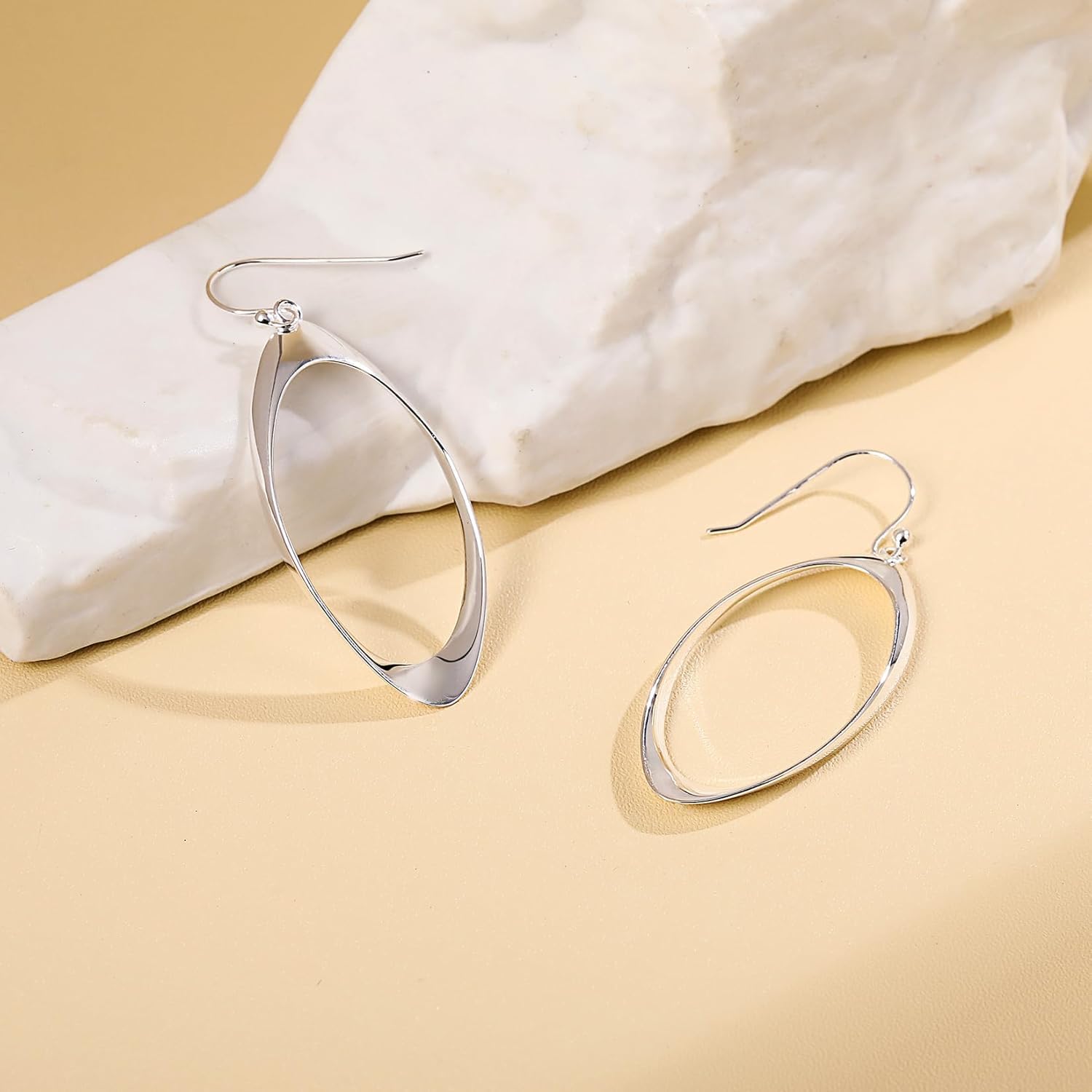 SA HEXISHIJIA 925 Sterling Silver Oval Hoop Dangle Earrings for Women, Lightweight Minimalist Drop Earrings, Hypoallergenic Sterling Silver Jewelry Gift