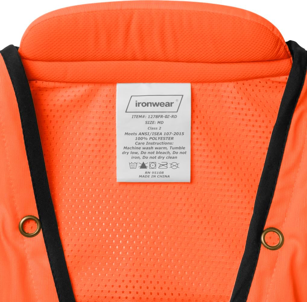 Ironwear 1278 Class 2 Flame-Retardant Safety Vest w/Zipper & Radio Clips