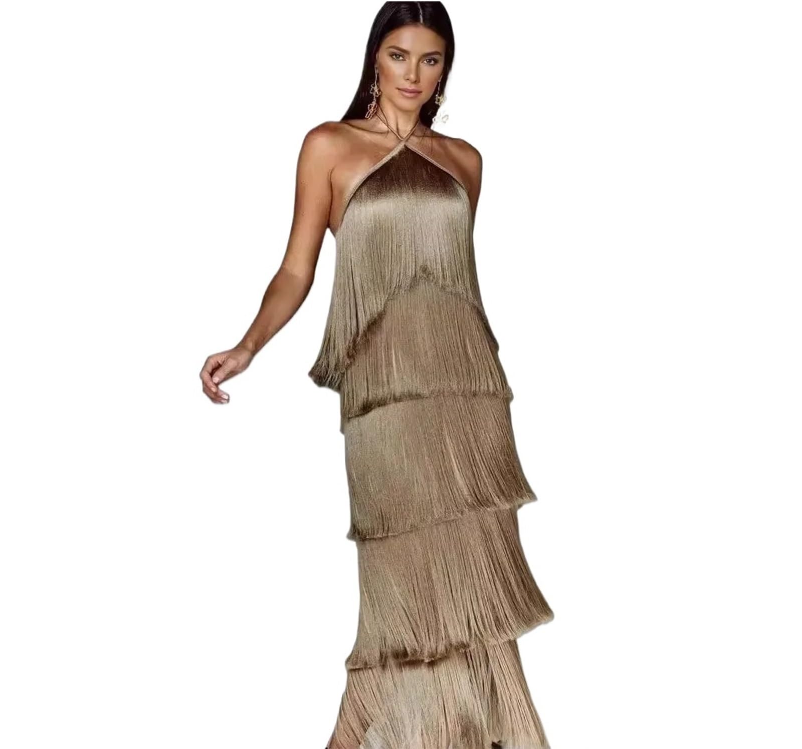 Fransenkleid Rückenfreies Kleid mit Schlitz und Fransen am Hals for Damen