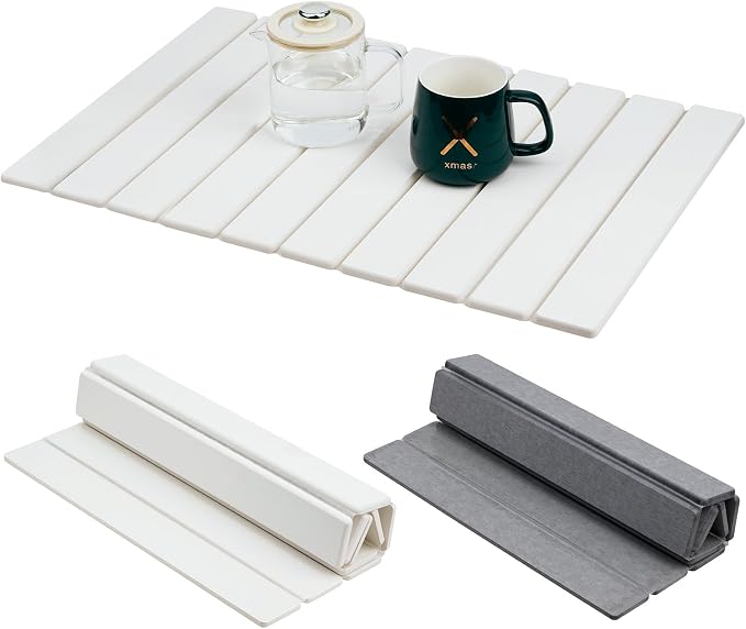 2pcs Large Stone Dish Drying Mats for Kitchen Counter 24"(L)×16"(W) Eco-Friendly Absorbent Diatomaceous Earth Mats for Dishes Bottles Cups Match Any Countertop White and Gray