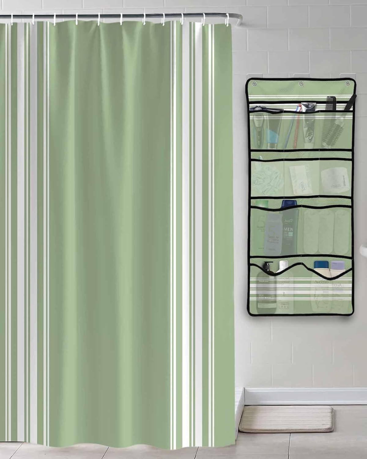 Decorative Shower Curtain Sets Sage Green Polyester Fabric Waterproof Bath Shower Curtains Stripes Modern White and Green Mesh