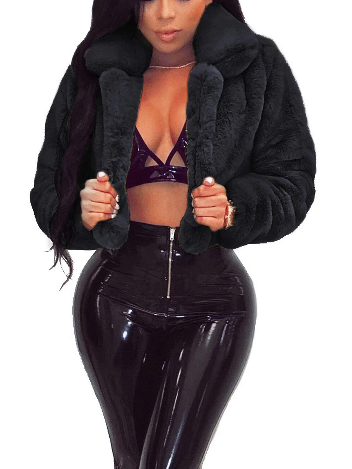 RAMOUG Womens Winter Outerwear Faux Fur Long Sleeve Crop Jacket Shaggy Coat Open Front Cardigans