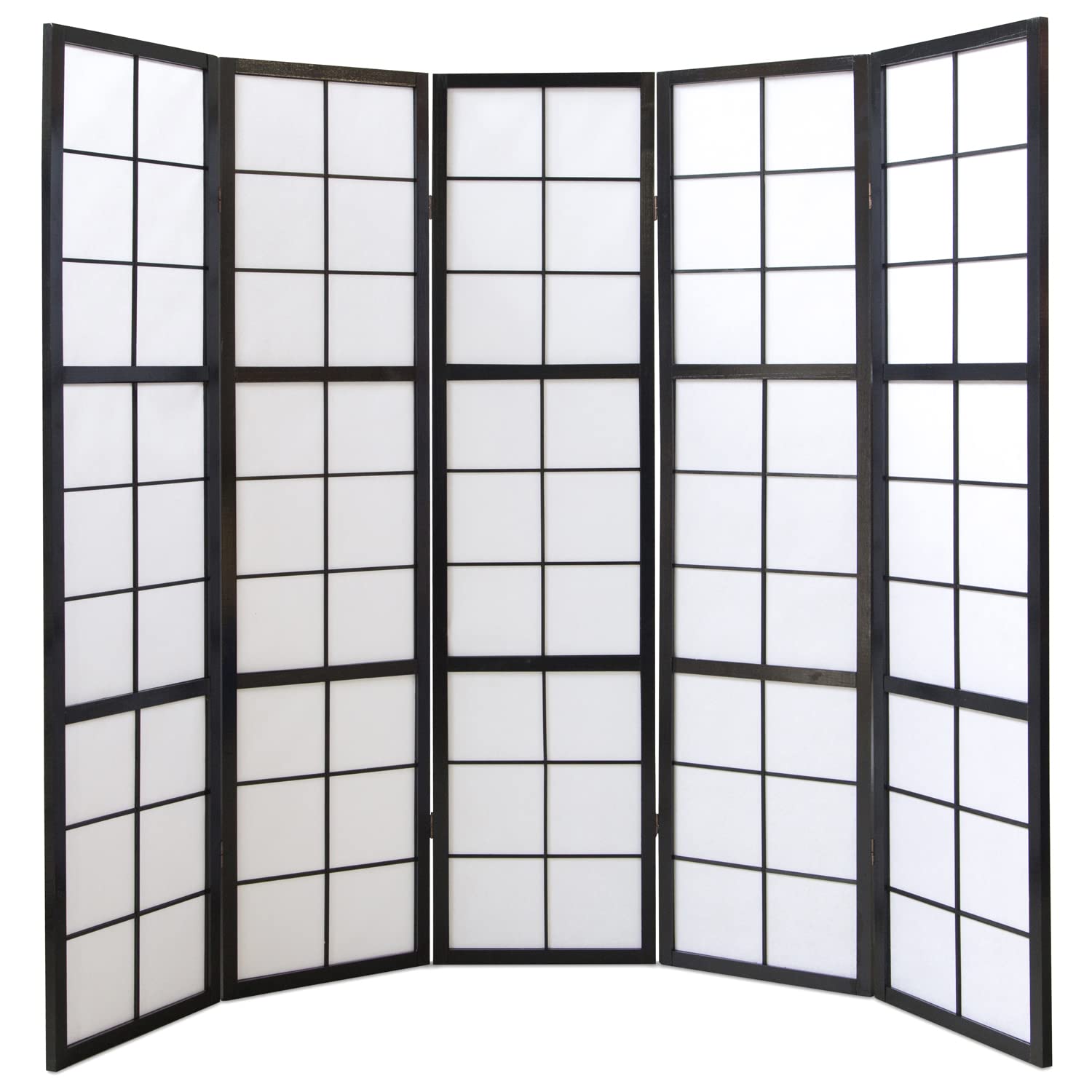 PEGANE Paravent Japonais Grands Carreaux Bois Noir et Papier de Riz - 5 pans - Dim : H 175 cm