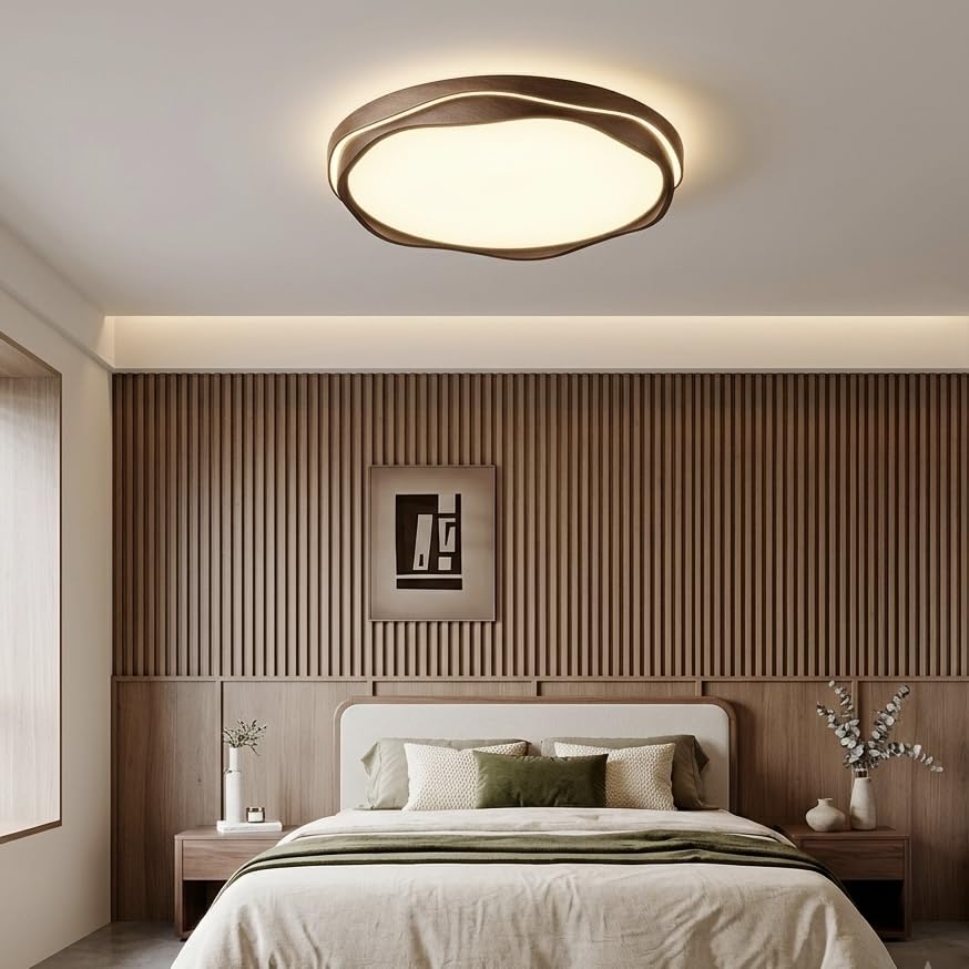 Image of 3C LED Ceiling Light, Modern Designer Ceiling Lamp with Round Wave Frame Design for Bedroom, Living Room, Hall & Home Decor|Walnut-Wood