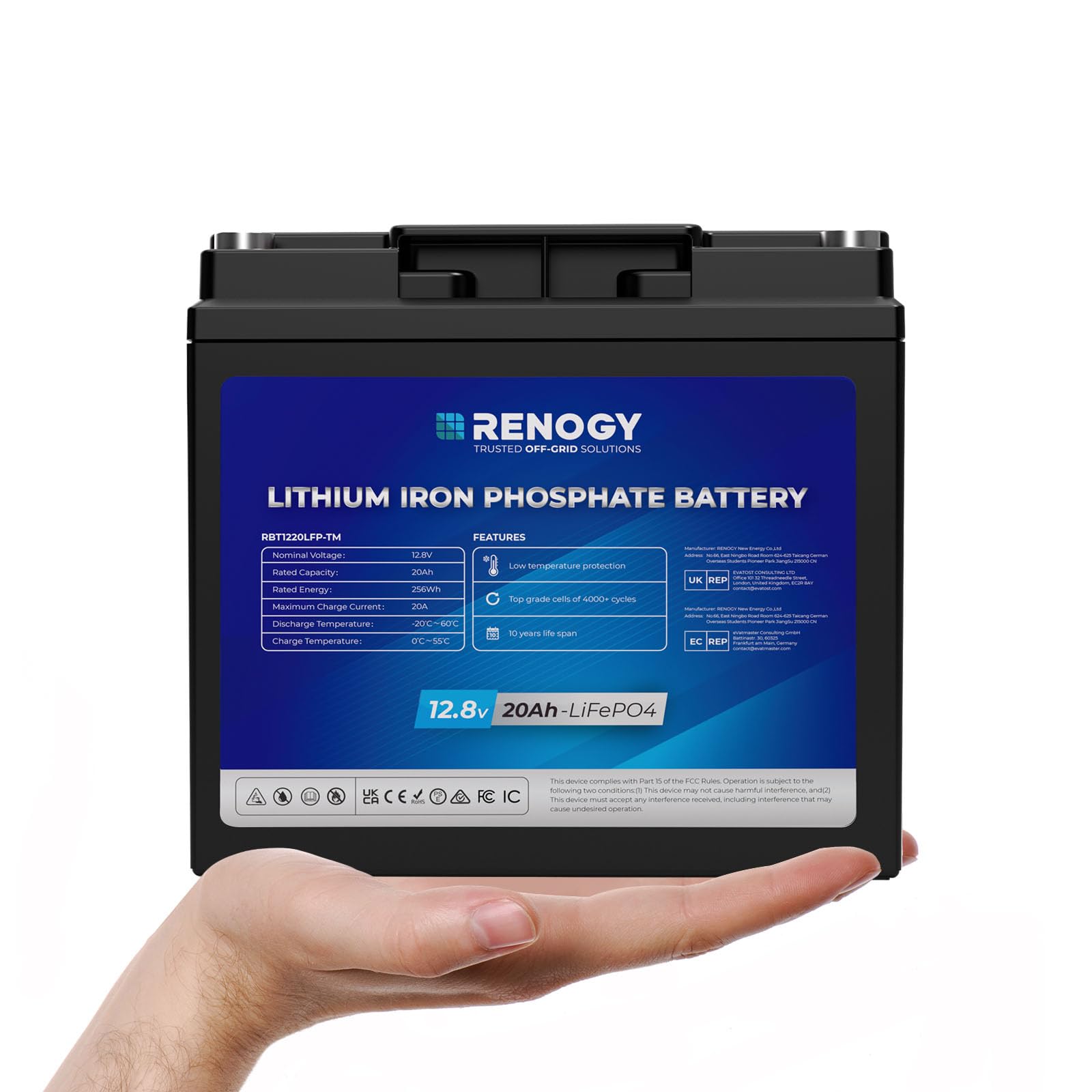 Renogy 12V 20Ah Trolling Motor Lithium Lifepo4 Battery, Built in 20A BMS, IP65 Waterproof Rated, 50% Lighter Deep Cycle Battery for kayaks, scooters, or emergency kits | 20A BMS, IP65 Waterproof Rated, 50% Lighter for kayaks, scooters, Trolling Motor, Emergency kits