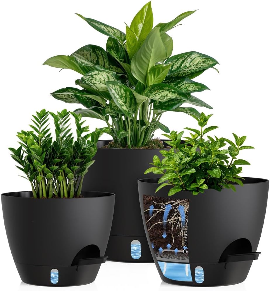 Self Watering Pots with Drainage Holes, 3 Pack 12/10/8 Inch Plant Pots with Water Level Indicator Deep Reservoir, Large Plastic Planter for Indoor Outdoor Plants - Black
