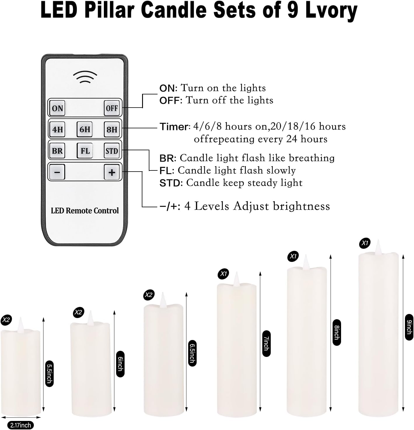Rechargeable Flameless Candles with Remote and Timer, 9-Pack Flickering LED USBC Pillar Candles Coated with Real Wax for Halloween, Christmas, Home, Wedding & Holiday Decor (Six Sizes, White)