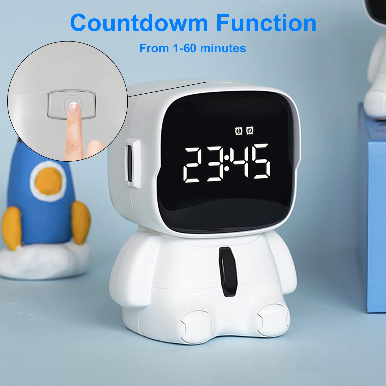 Sveglia digitale a LED per bambini, sveglia astronauta con funzione snooze, 2 allarmi, conto alla rovescia, orologio digitale elettronico ricaricabile per camera da letto, ufficio