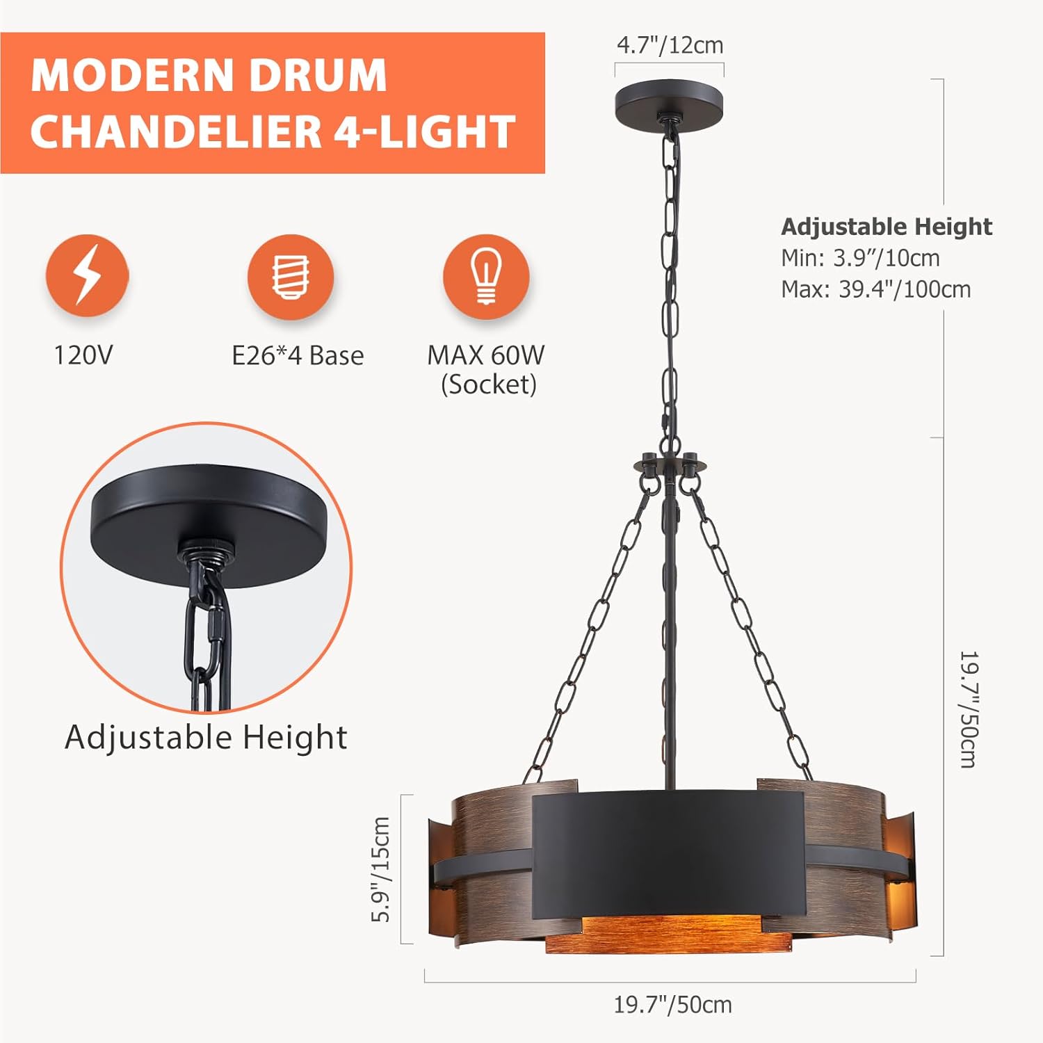 Modern Farmhouse Chandelier 19.7" Industrial Drum Pendant Lighting Fixture Large 4-Light Black Walnut Grain Finish for Dining Room Kitchen Island Office Living Room