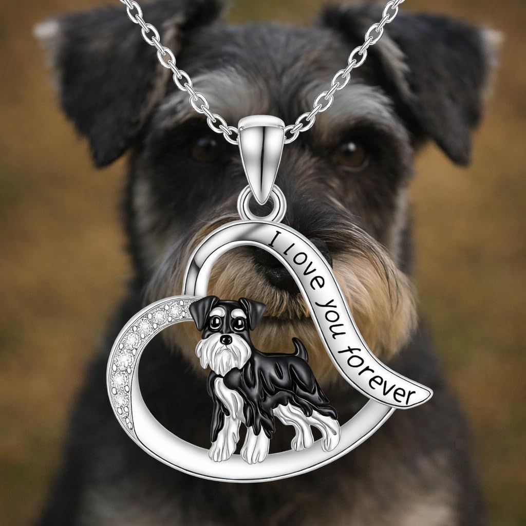 SUPAC Schnauzer Dog Heart Pendant Necklace, Stainless Steel, Crystal Accent, I Love You Forever, 19.7 inch Chain