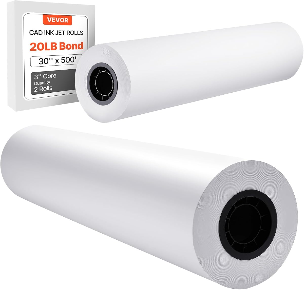VEVOR Papel de formato ancho, rollo de trazador de 30 pulgadas x 500 pies, 2 rollos CAD Bond con núcleo de 3 pulgadas, rollos de papel Bond de 20 libras, ideal para dibujos CAD, planos de ingeniería, mapas GIS y diseños arquitectónicos
