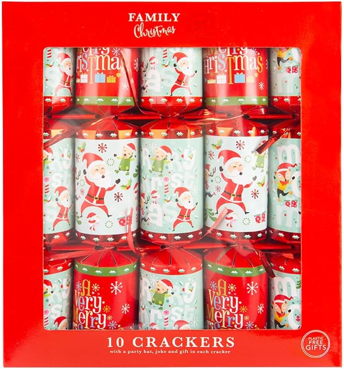 Christmas Party Crackers for Loved Ones - Family Crackers with Novelty Gifts | Pack of 10 Christmas Crackers in Assorted Colors & Designs, Xmas Gift (Santa & Friends)
