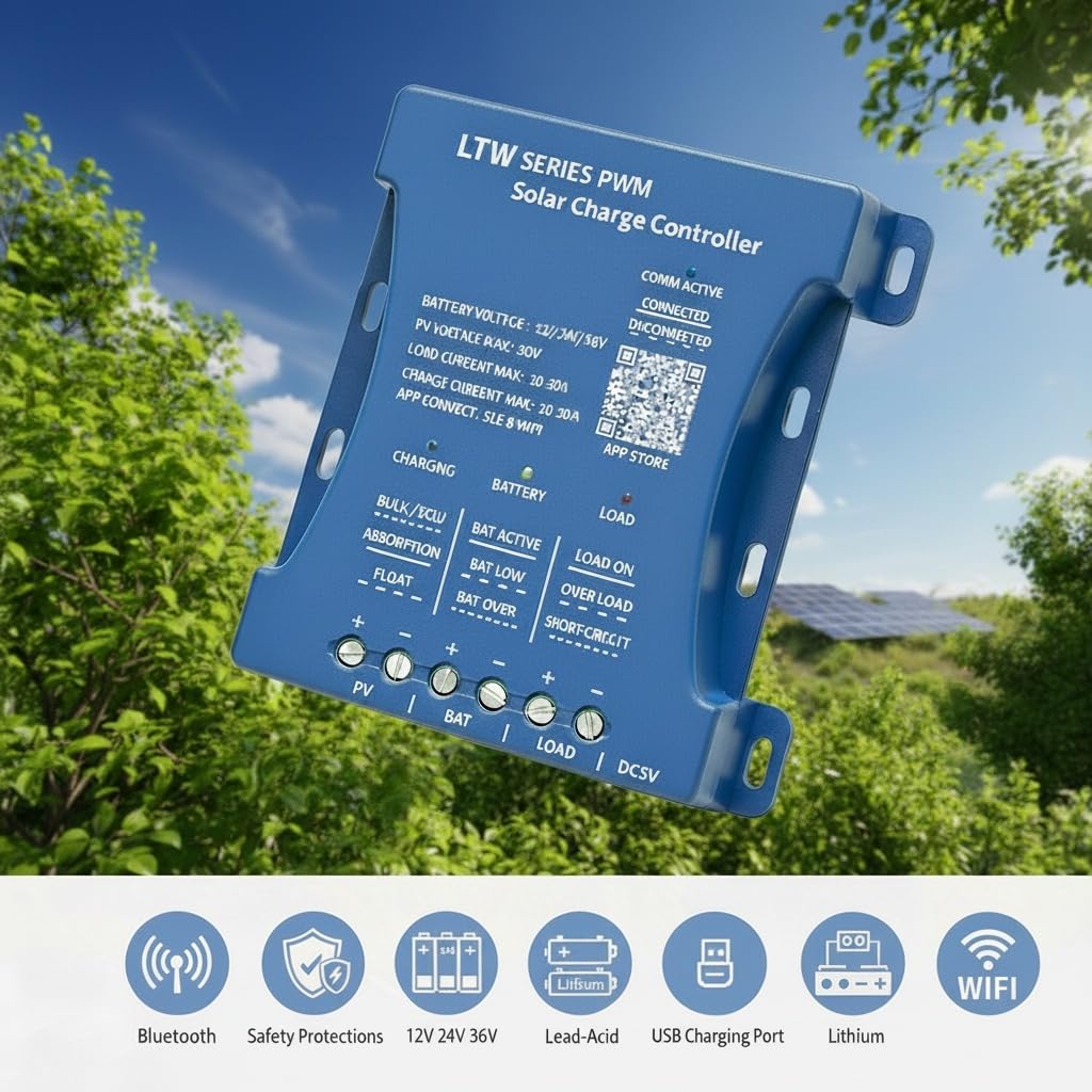 Regolatore solare 20A con WiFi & Bluetooth, PWM 12V/24V/36V per veicoli, ingresso PV 80V, regolazione tramite applicazione per batterie piombo-acido/LiFePO4/litio, ideale per camper/casa/installazione