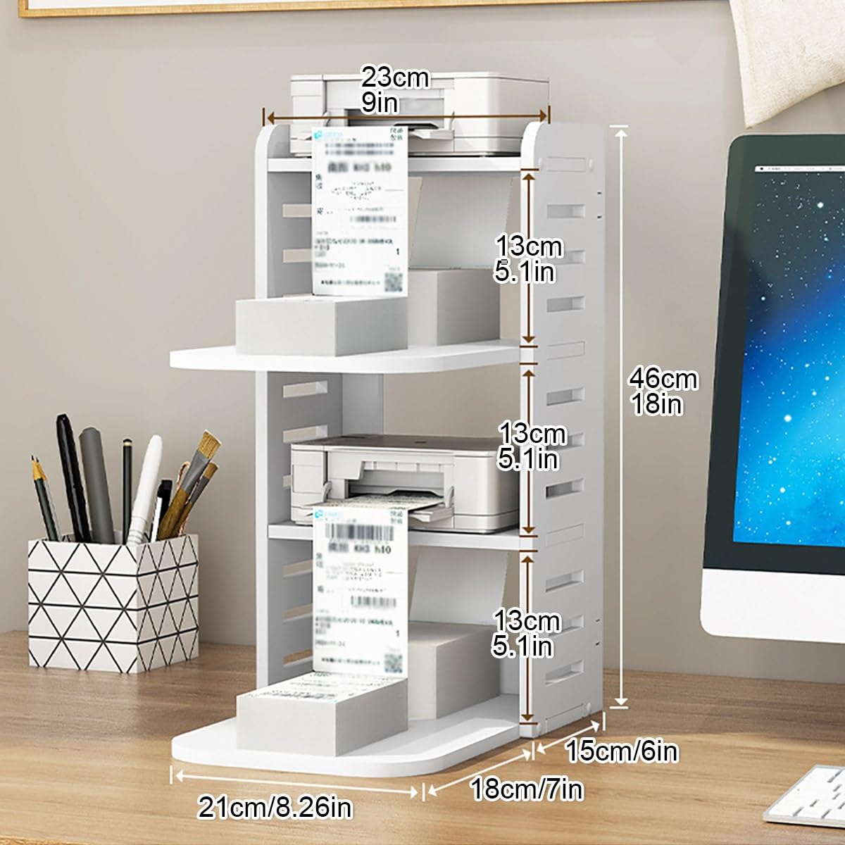 4-stufiger Druckerständer Aus Holz, Druckertisch Fürs Homeoffice, Drucker Regal, DruckerstäNder, Bücherregal, Aufbewahrungsorganizer Mit Rutschfesten Füßen(White)