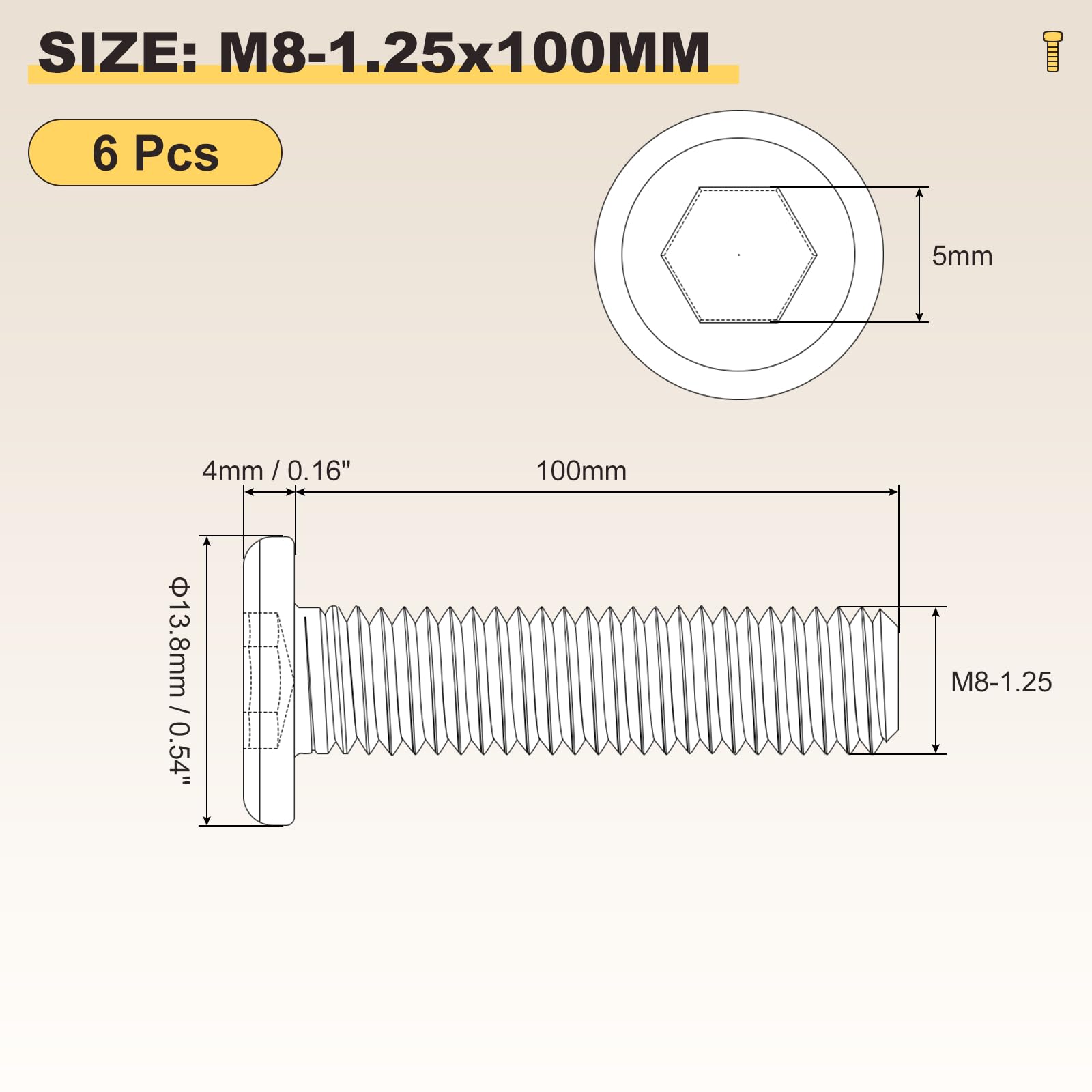 METALLIXITY Flat Head Hex Socket Cap Screws Bolts(M8-1.25x100) 6Pcs, 304 Stainless Steel Hex Socket Furniture Bolts Screws - Image 2