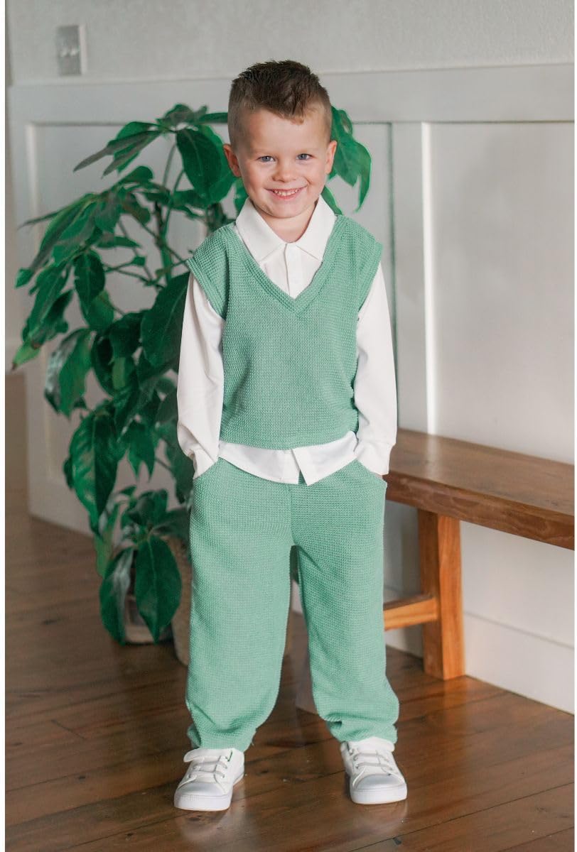 HIHA Toddler Boys Fake Two-Piece Waffle Tops Pant Set Fall Winter Clothes 2-7 Years