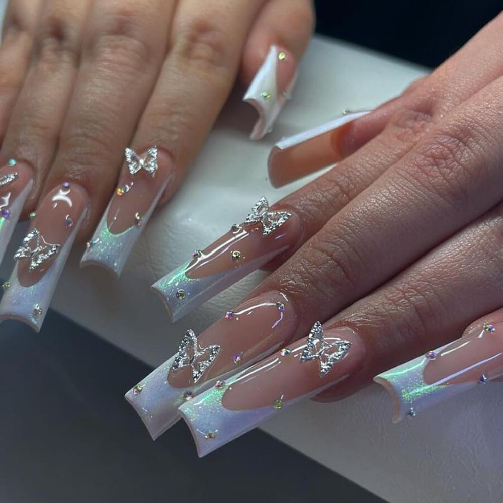 24 Pcs French Tip Press on Nails Long Coffin Fake Nails with Butterfly Design Butterfly Nail Charms Design Acrylic Nails Supply White French Tip False