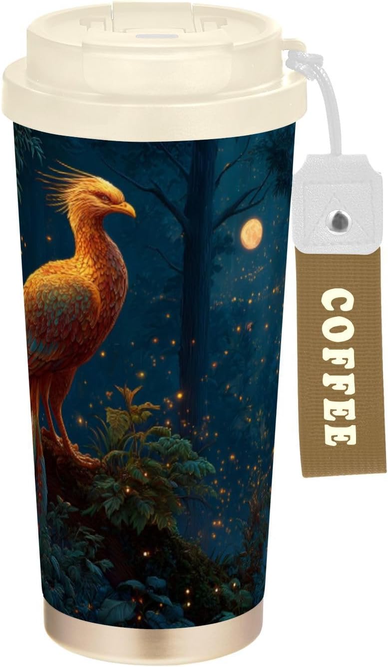 Phoenix Forest Fantasy Insulated Coffee Mug with Straw & Flip Lid, 16.9oz Iced Tumbler Cup, Double Wall Vacuum Mug for Travel Office