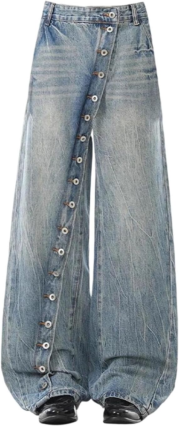 Women's Casual High Waist Wide Leg Jeans Loose Fit Full Length Distressed Denim Trousers with Button Fly Closure