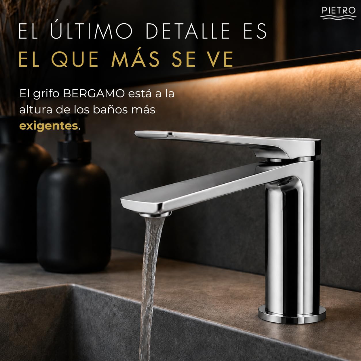 Grifo Lavabo Monomando Bergamo de Latón Macizo | Diseño Moderno | Pietro | Grifo Baño Elegante, Cartucho Cerámico, Aireador Neoperl, Acabado Duradero, Fácil Instalación y 5 Años de Garantía