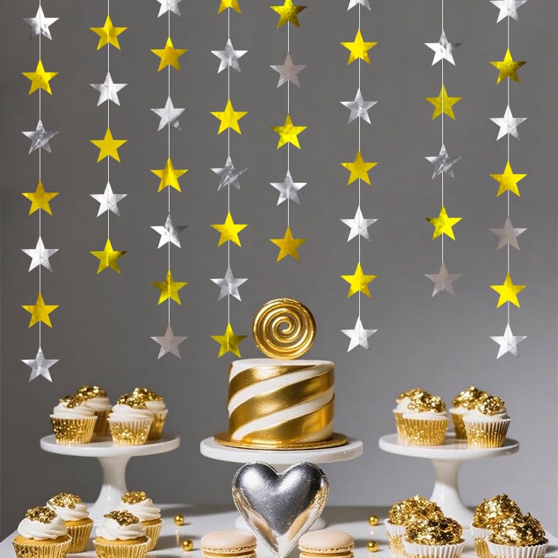 Image of Gold Silver Shining Star Hanging Garland Gold and Silver Hanging Sparkling Star Streamer Glitter Bunting Banner Twinkle Backdrop for Wedding Baby Shower Birthday Christmas Decorations 40 Feet