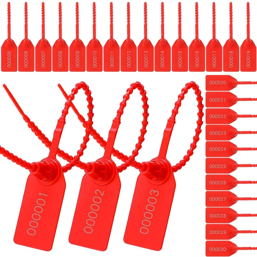 Qusedwey Red 300 Pcs Plastic Tamper Seals, Numbe Zip Ties Security Tags Safety Seals Disposable Self Locking Signage 250Mm