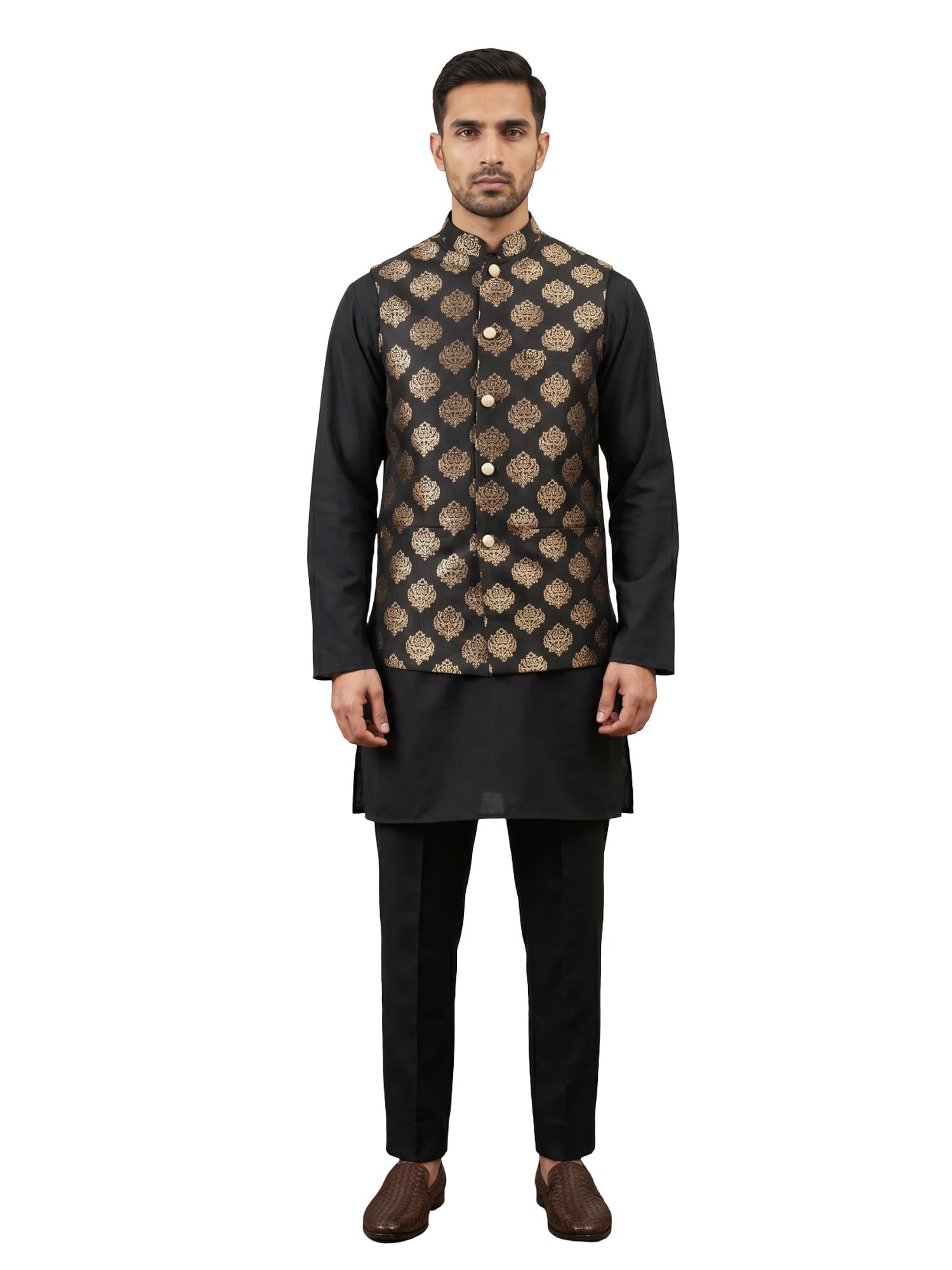 Printed Silk Blend Kurta Pyjama & Nehru Jacket Set-image-23