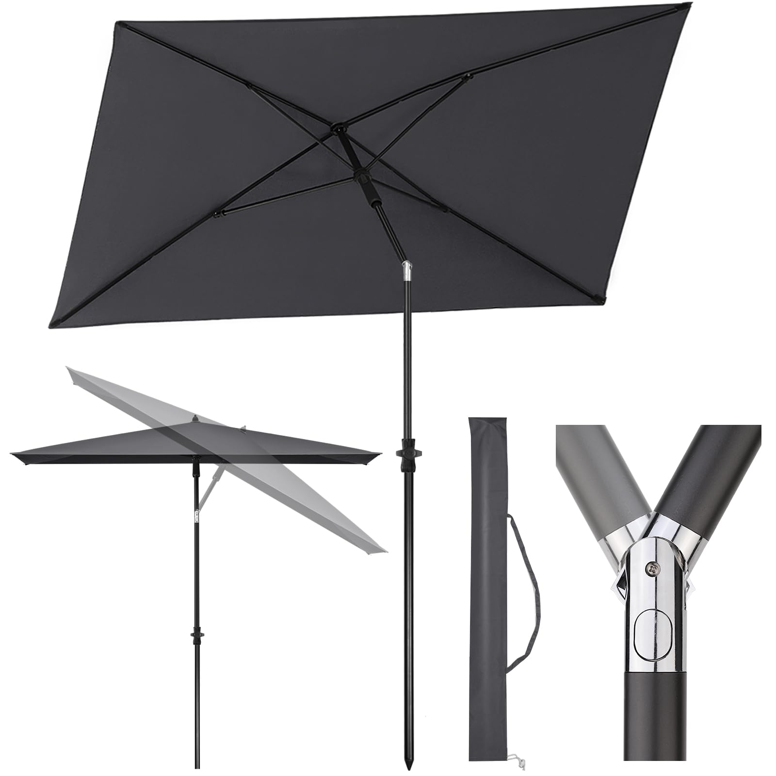 Sekey 210 × 140 cm Sonnenschirm mit Schutzhülle, Balkonschirm Gartenschirm Terrassenschirm, Sonnenschutz UPF50+, Kippbar, Höhenverstellbar, Rechteckig- Dunkelgrau