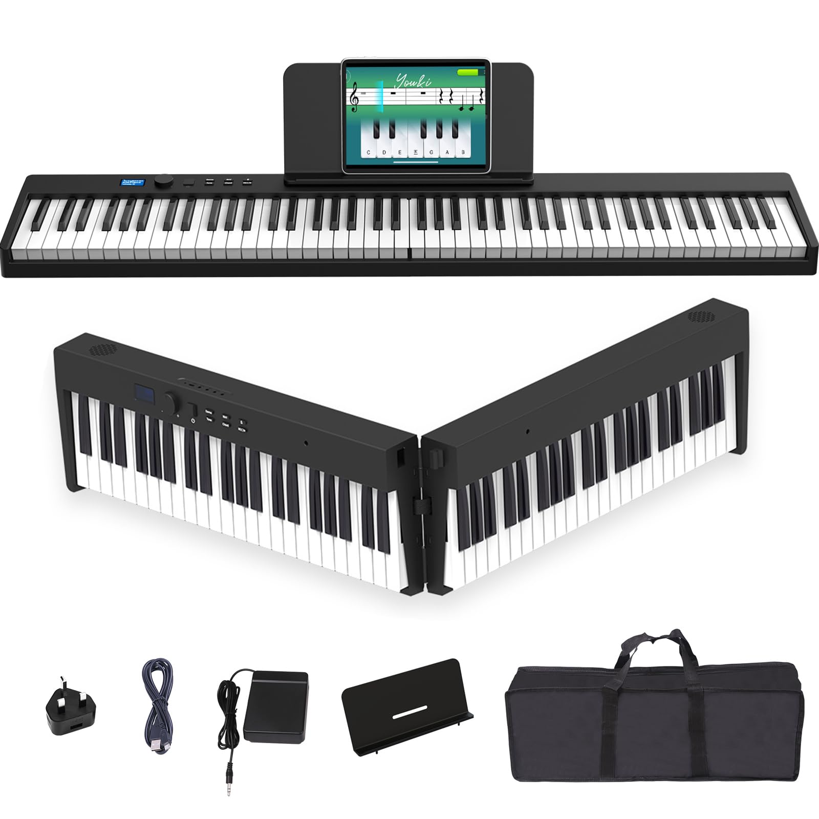 88 Tasten Faltbare Klaviertastatur mit halbgewichteten Tasten in voller Größe, tragbares Digitalpiano mit Bluetooth MIDI & wiederaufladbarem Akku, Reiseklavier für Anfänger, Studenten und