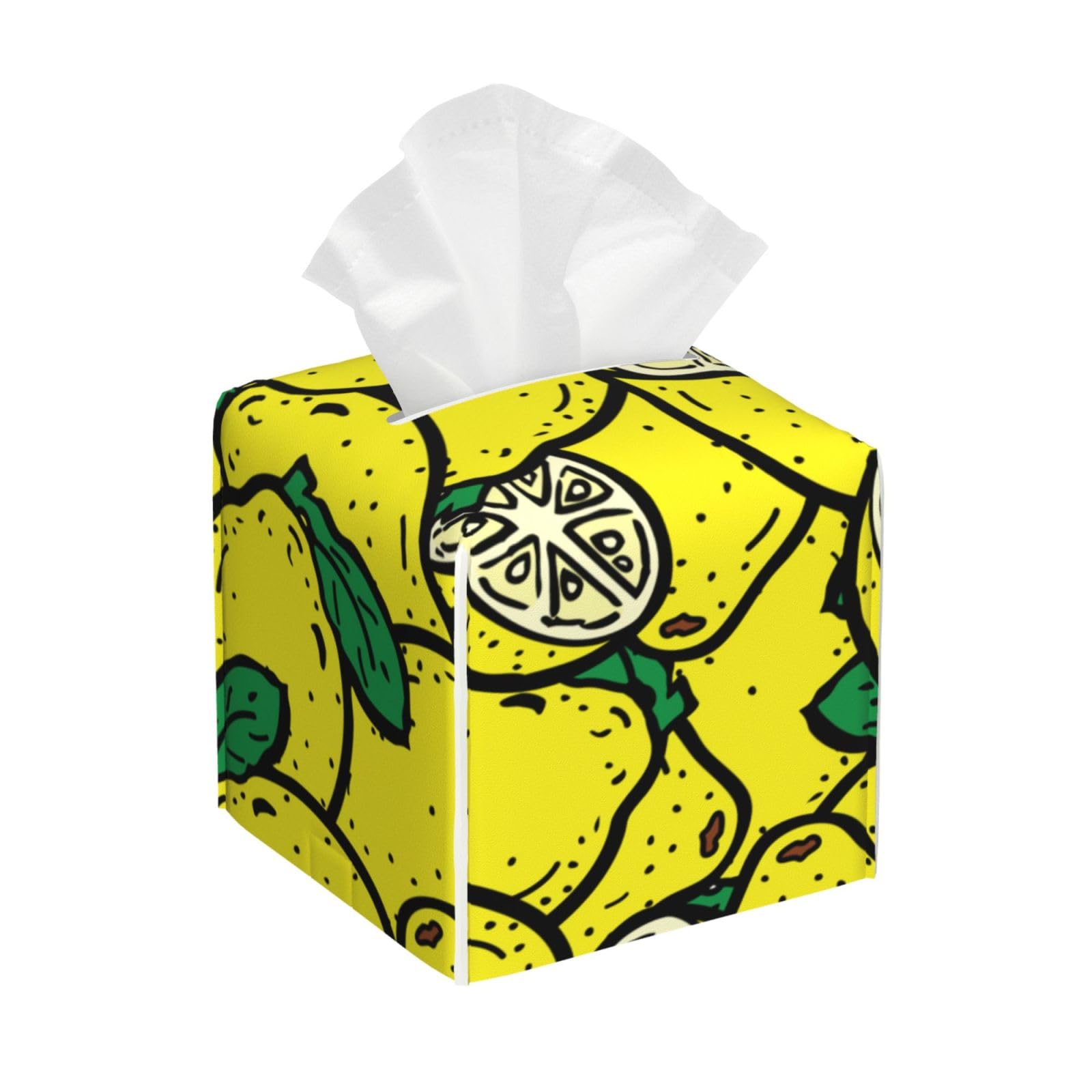Yellow Lemon Print Square Tissue Box Cover Pu Leather Tissue Holder Facial Paper Cover Waterproof Toilet Paper Holder For Bathroom Bedroom