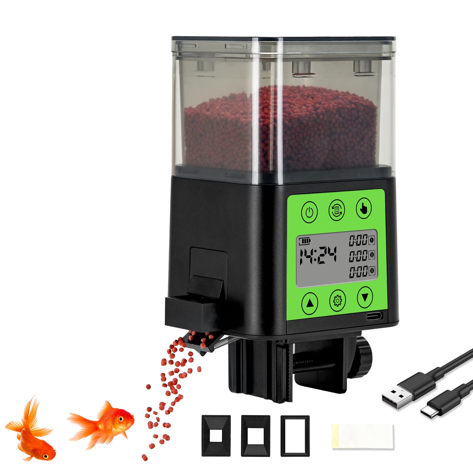 Automatic Fish Feeder for Aquarium with Timer, LCD Display 320ML Large Capacity Adjustable Fish Dispenser, Operated Feeders for Goldfish, Turtle for Vacation, Weekend or Daily Use(Green)