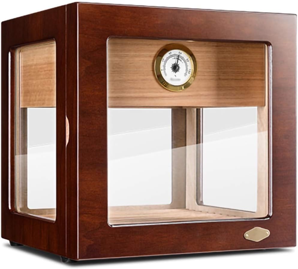 BLACKTK Humidors-2-story cigar box with glass cover, cedar wood desktop cabinet, travel Humidors with hygrometer and humidifier, which can hold 100-150 cigars